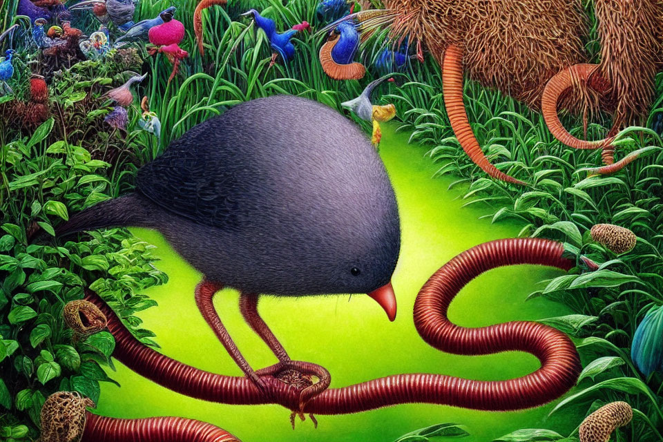 Stylized large round bird with red beak among surreal worms in vibrant green foliage