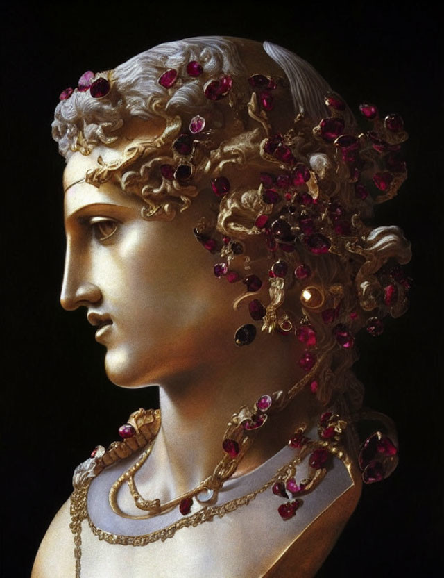 Classical bust with intricate facial features and golden laurel wreath and gemstone necklace.