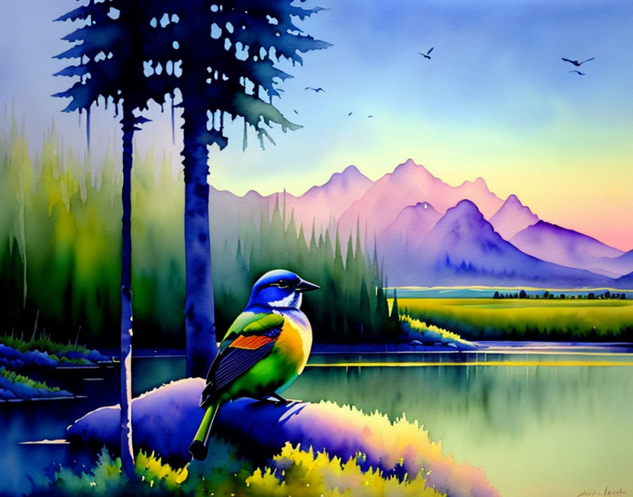 Colorful bird perched by serene lake with mountains, lush greenery, and hazy sky