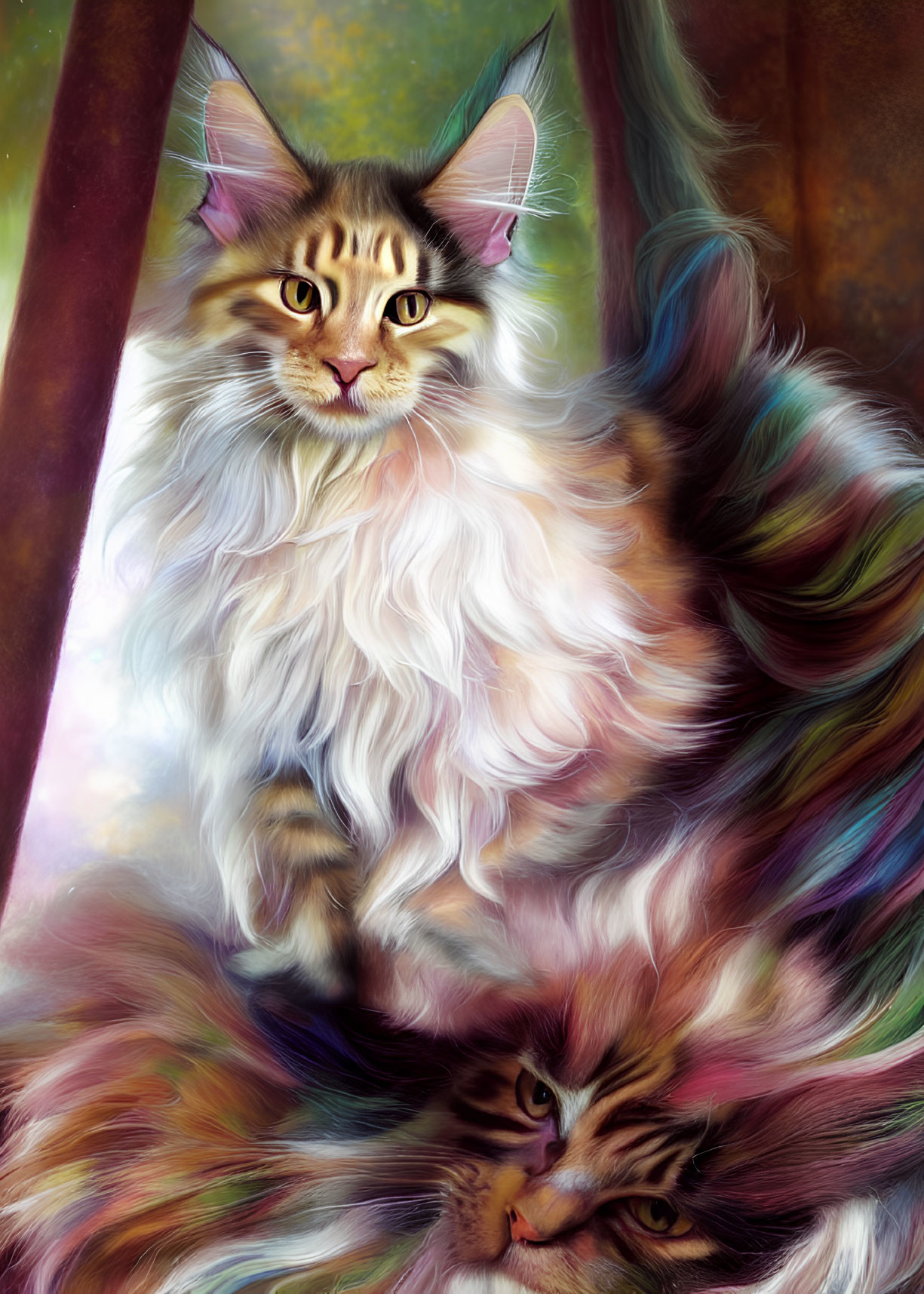 Maine Coon Cat Digital Painting with Striking Amber Eyes