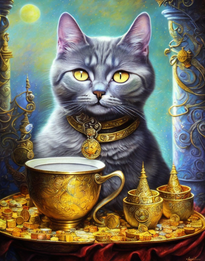 Grey Cat with Yellow Eyes and Golden Collar Beside Table with Cup, Saucers, and