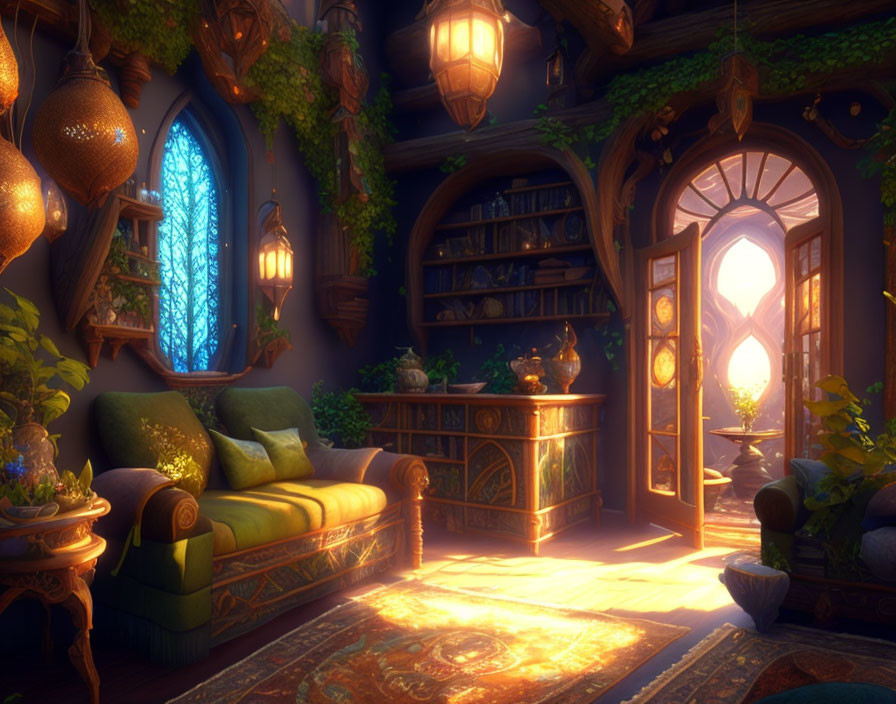 Sunlit Fantasy Room with Green Sofa, Lanterns, Bookshelves, and Vines