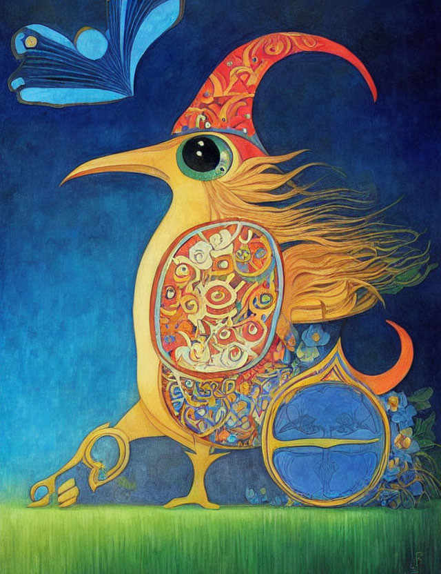 Colorful whimsical bird painting with intricate patterns and surreal design