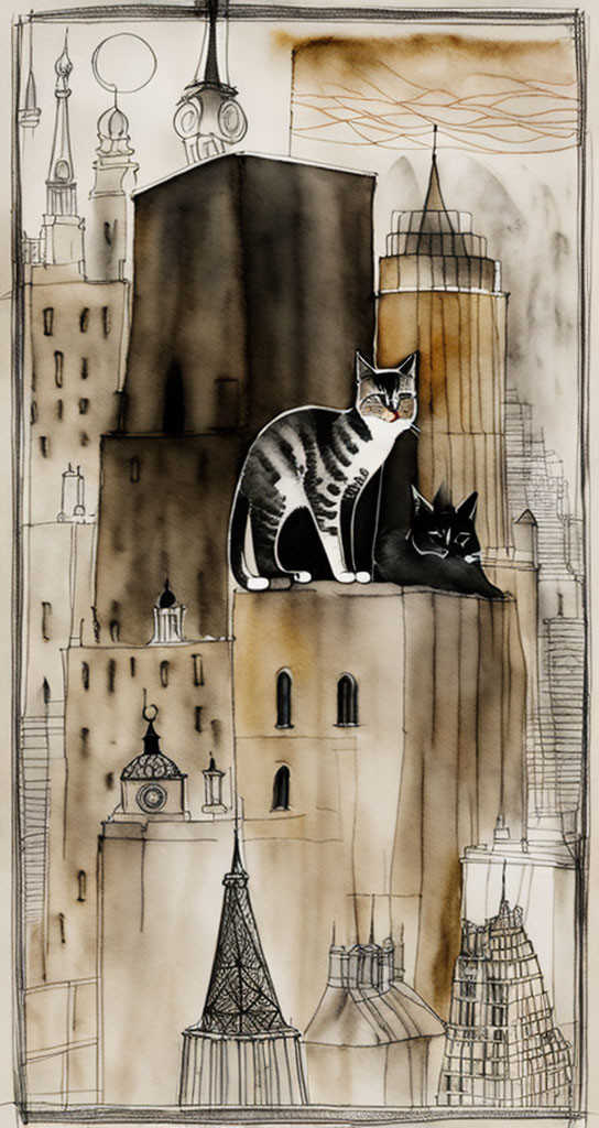 Two cats on sepia-toned cityscape with whimsical landmarks.