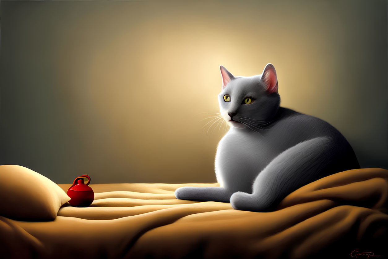 Gray Cat Resting on Golden Blanket with Red Purse Under Soft Light