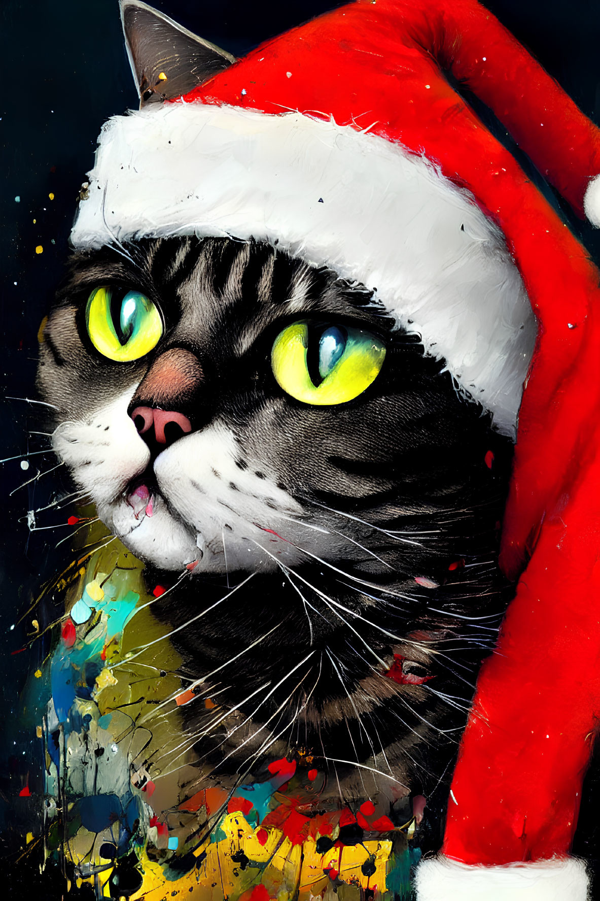 Tabby cat with green eyes in Santa hat on colorful splatter background