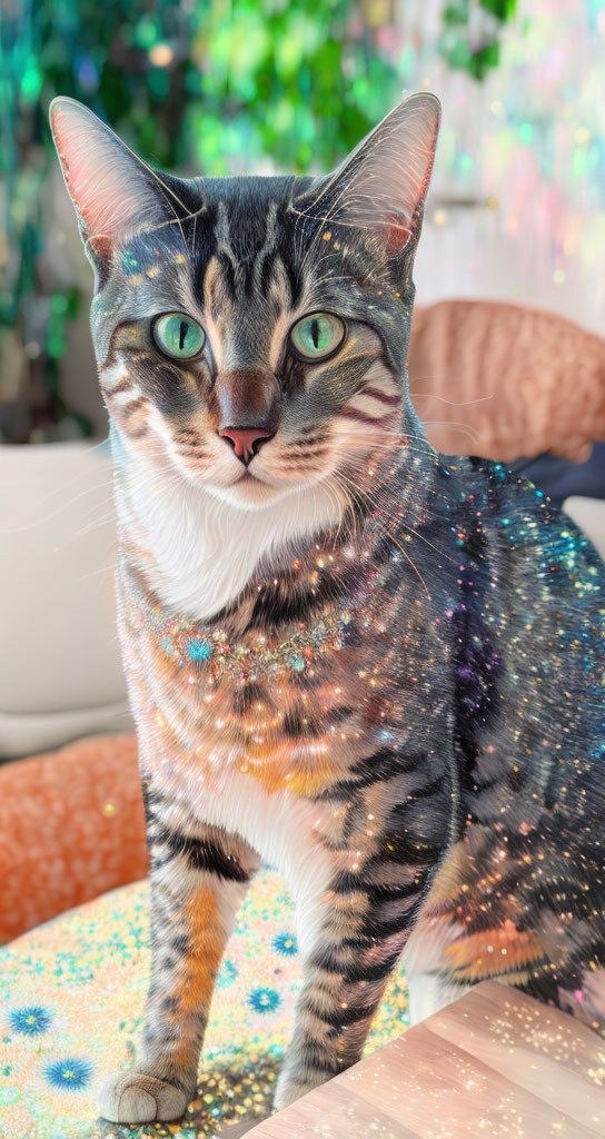 Cat with Green Eyes and Galaxy Pattern in Sunlit Indoor Setting