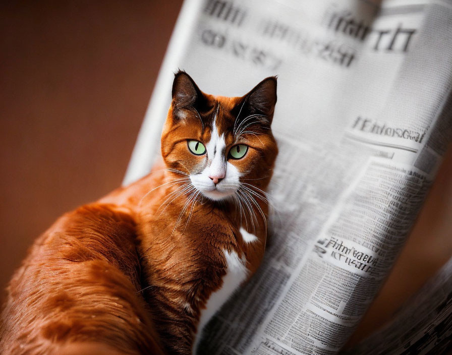 Ginger and White Cat Peering Behind Newspaper