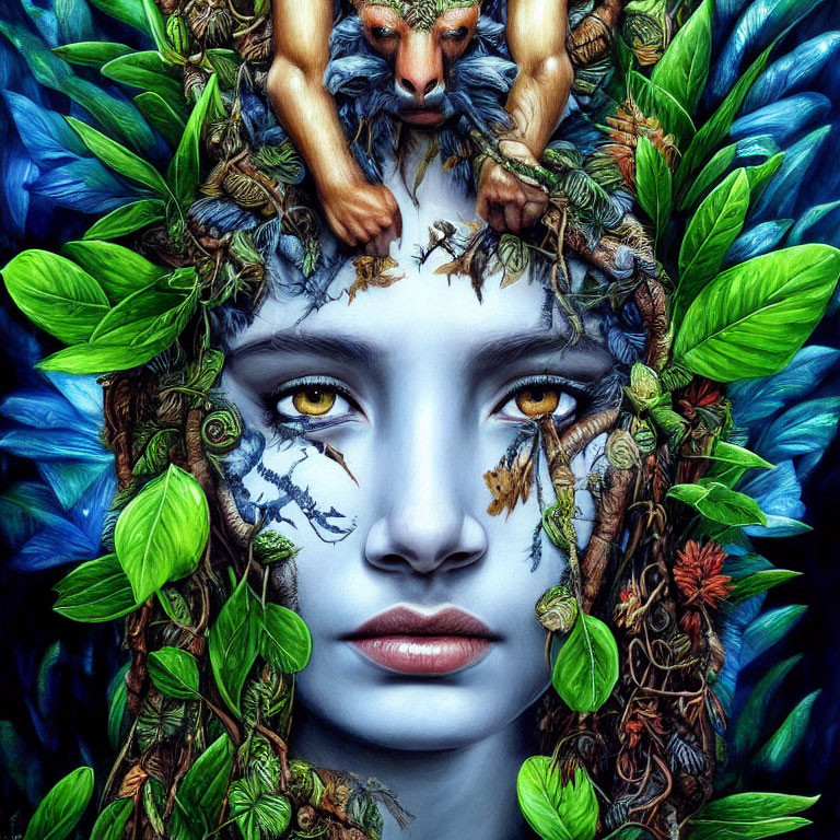 Fantasy-themed artwork of woman's face with lush greenery and creatures