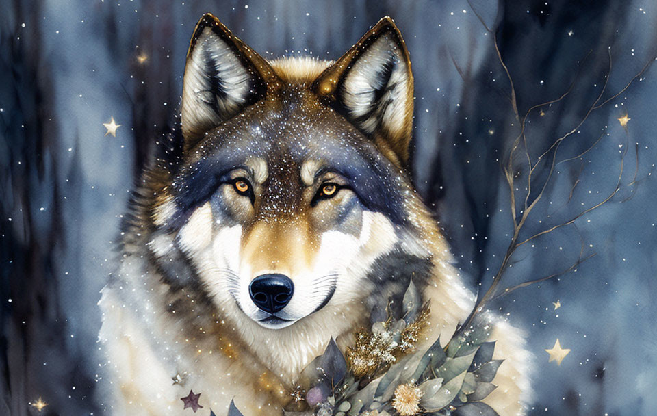 Majestic brown and gray wolf in snowy starry scene with delicate neck flora