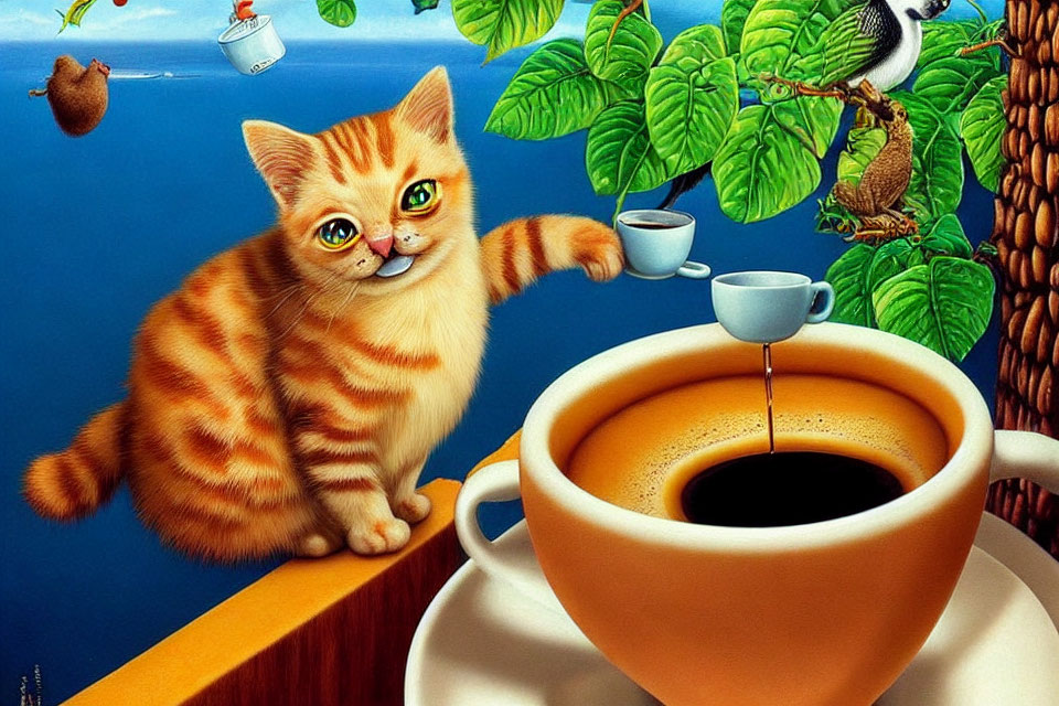 Striped Orange Kitten with Coffee Cup and Bird in Whimsical Painting