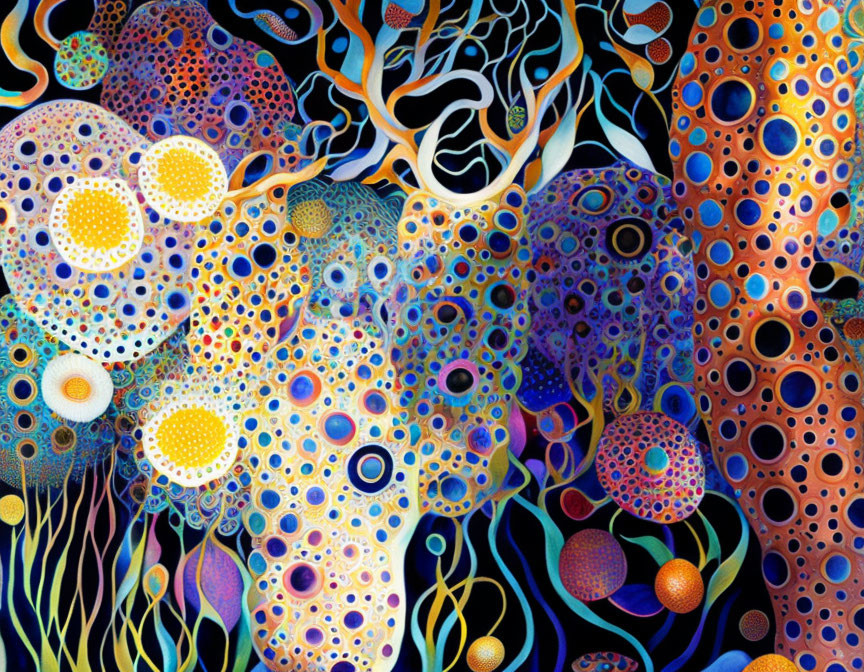 Colorful Abstract Painting with Overlapping Circles and Organic Shapes depicting Coral Reef Scene