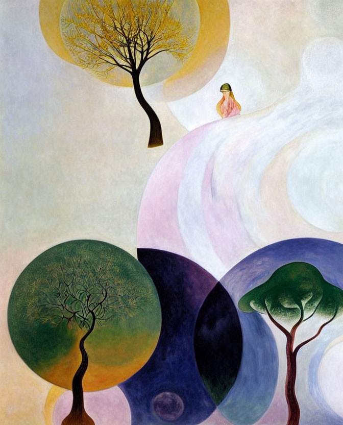 Colorful painting featuring stylized trees and a small figure on swirl.