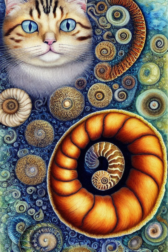 Realistic cat with blue eyes among colorful ammonite fossils