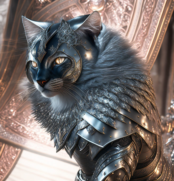 Digital Art: Cat in Medieval Armor with Intricate Designs