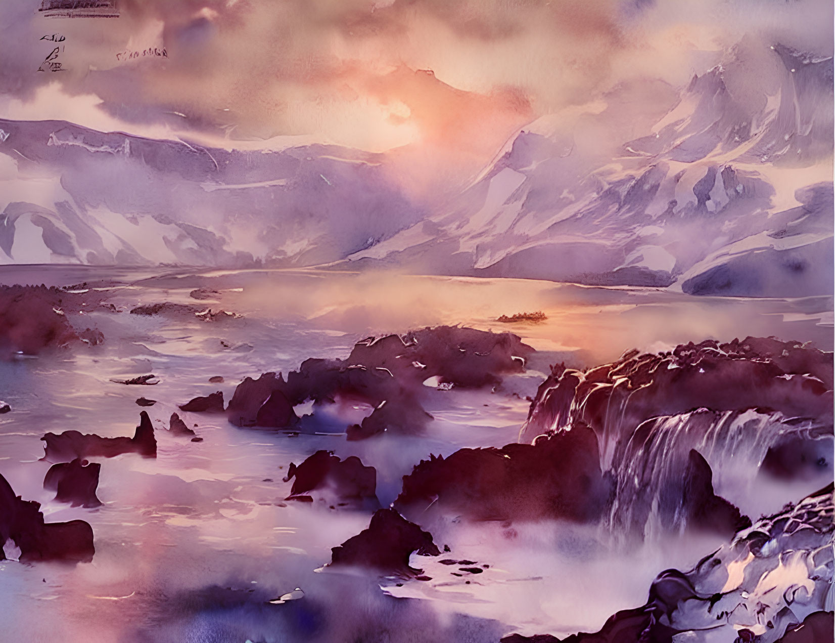 Mountain landscape watercolor painting with waterfall under pink sky