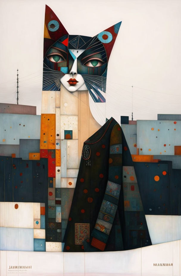 Abstract painting of woman with cat features in cityscape backdrop