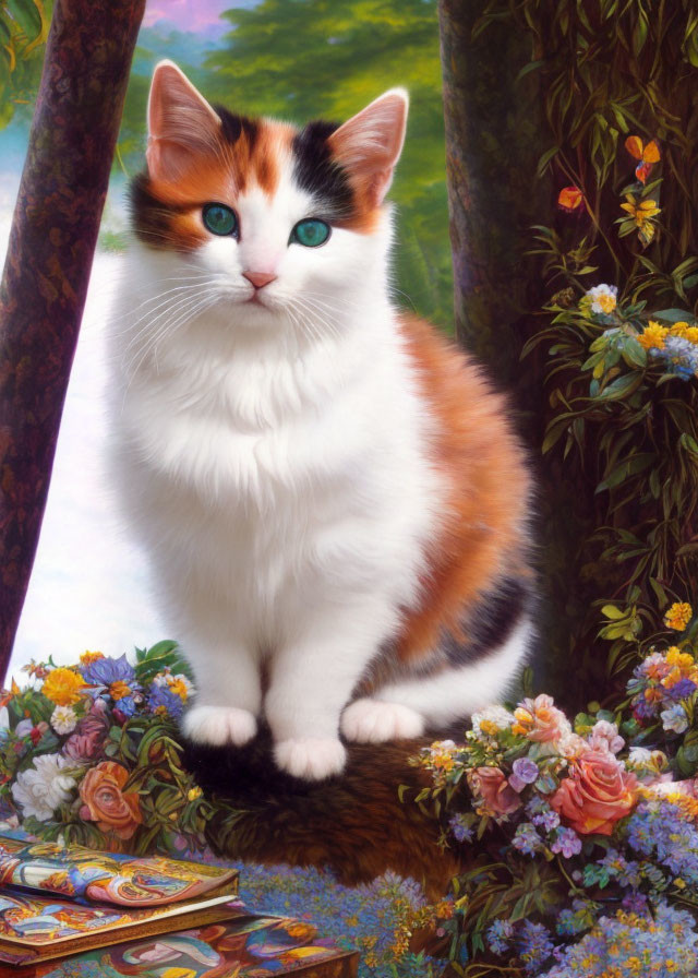 Calico Cat with Green Eyes Surrounded by Flowers and Books