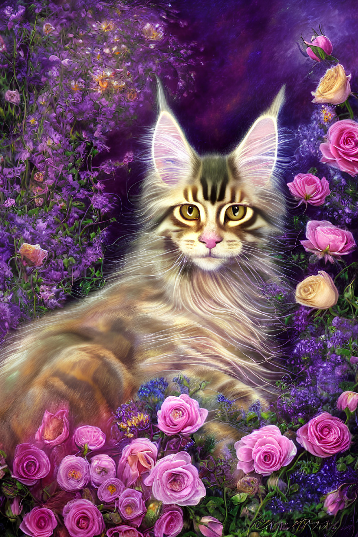 Majestic cat with whiskers and flowers in vibrant illustration