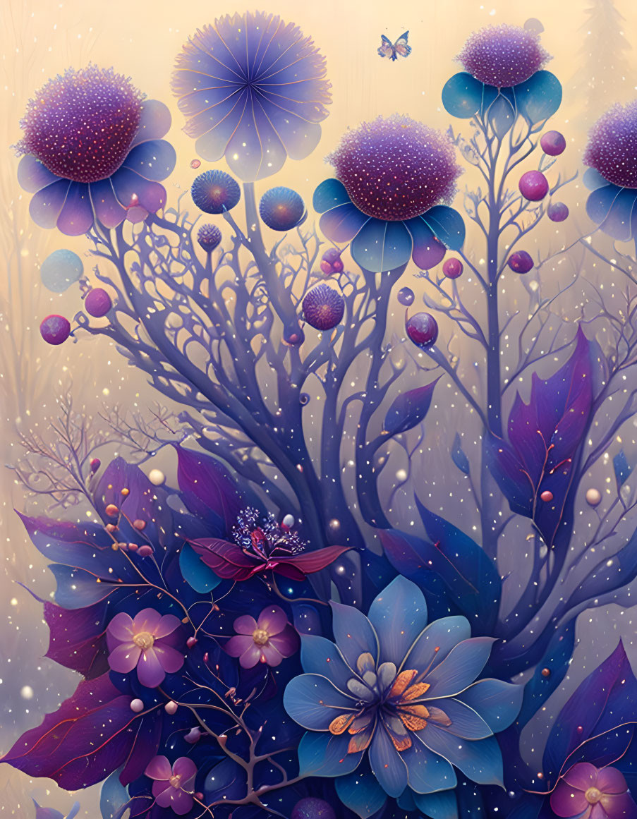 Illustration of Purple and Blue Flowers with Butterfly in Dreamy Snow Setting