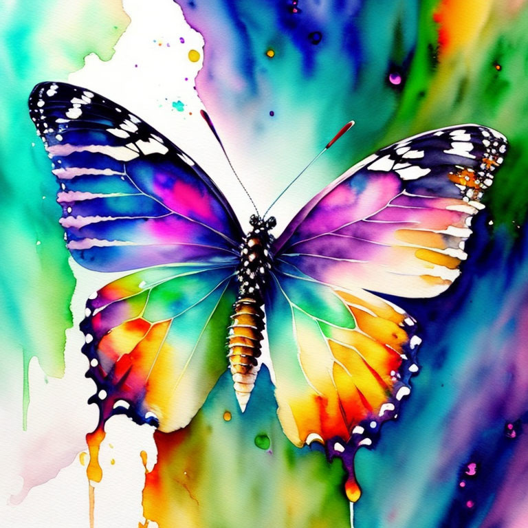 Colorful Watercolor Painting of Butterfly with Blended Spectrum Wings