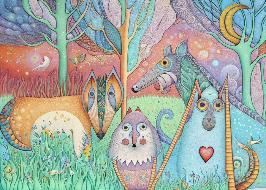 Colorful whimsical illustration: Fox-like creatures, round cat, seahorse in vibrant forest under