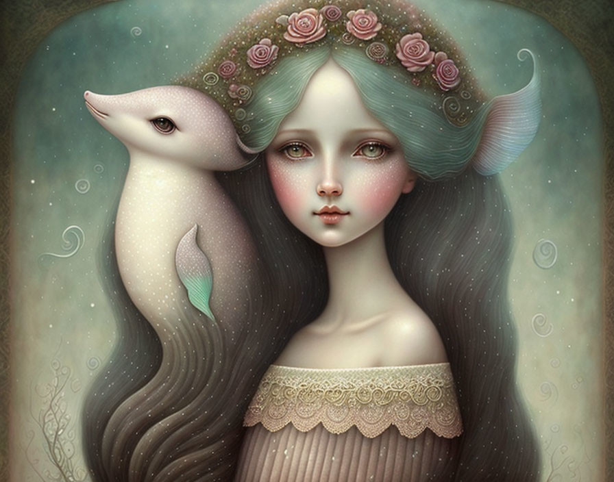 Illustrated girl with pale skin and aqua hair next to a gentle dolphin in pastel hues