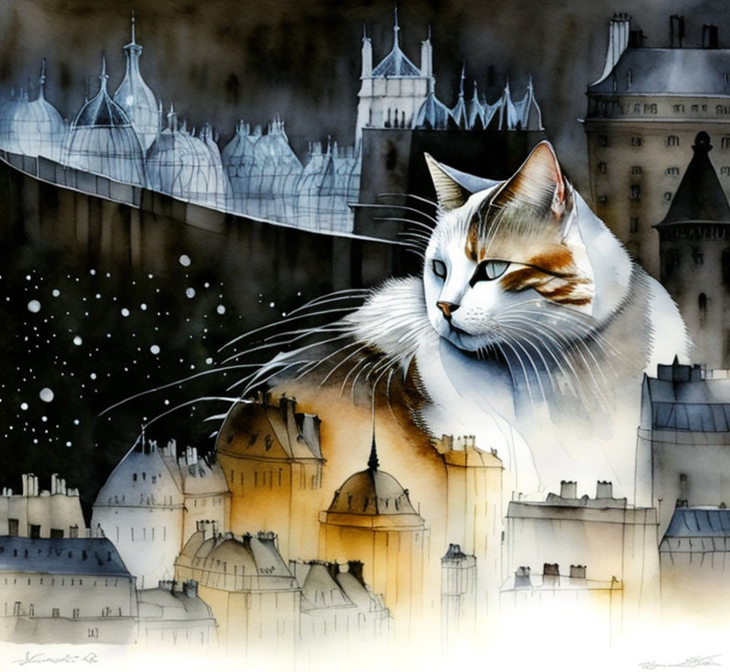 Large Cat Watercolor Illustration Over Nocturnal Cityscape