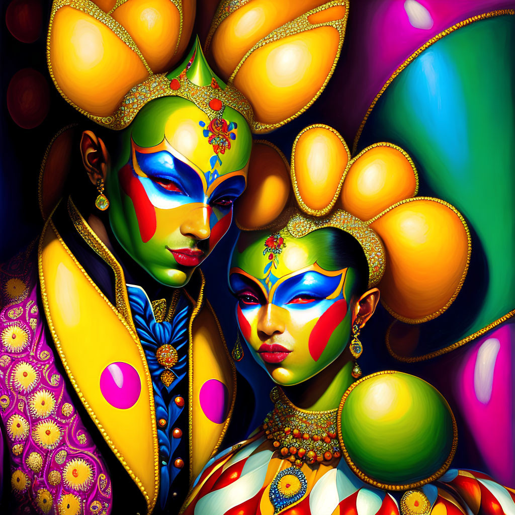 Vibrant body paint on two people with elaborate headpieces