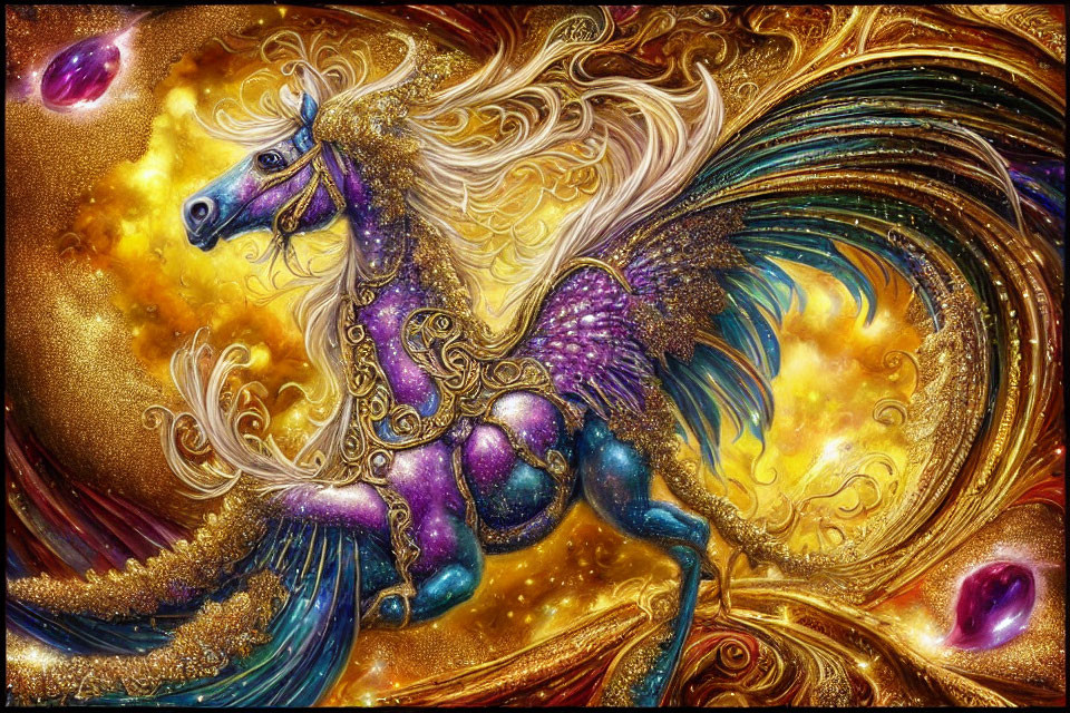 Colorful Mythical Horse Illustration on Cosmic Background