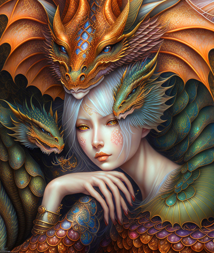 Fantastical illustration: Pale woman, white hair, colorful dragons