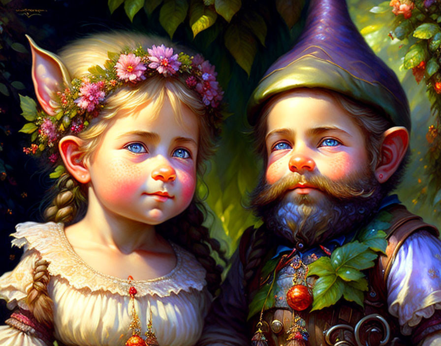 Young girl with floral crown and gnome in enchanted forest scene