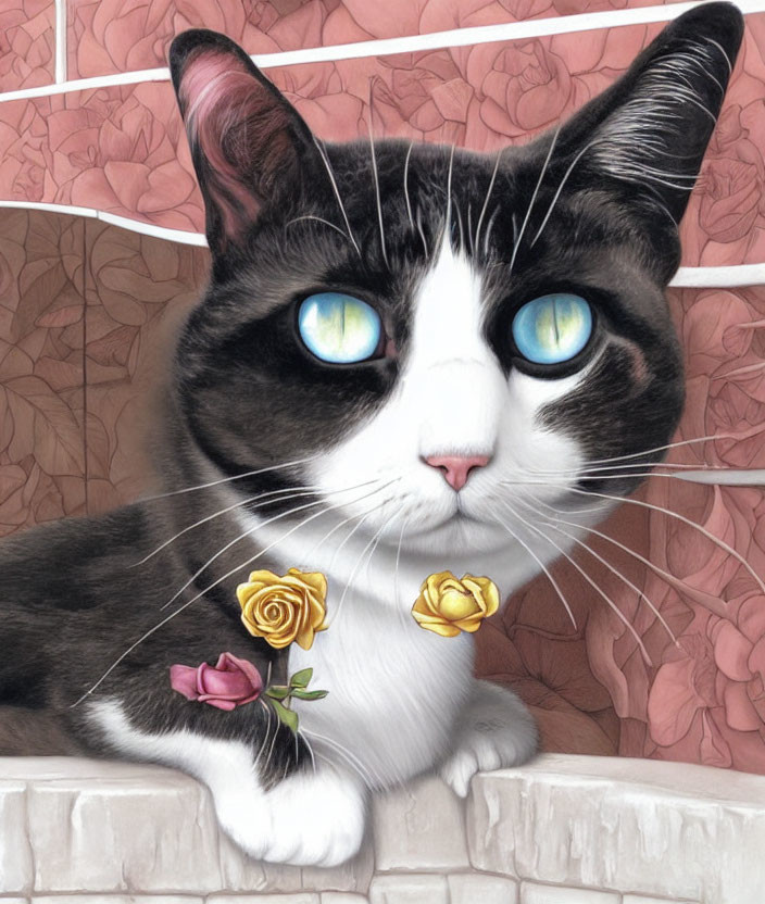 Striking Blue-Eyed Tuxedo Cat with Roses in Mouth Against Floral Background