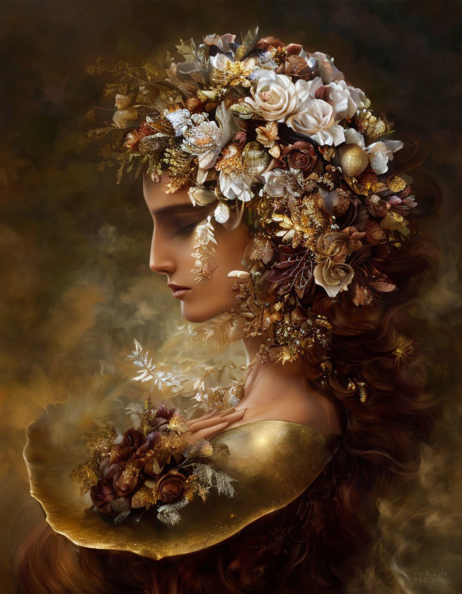 Luxurious floral crown and golden attire in warm autumn colors against textured background