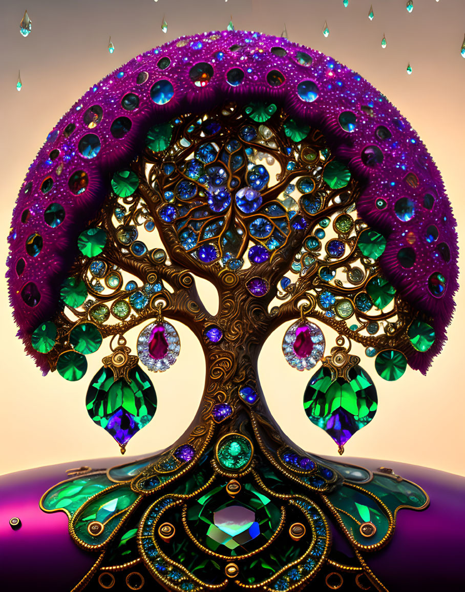 Colorful Gemstone Tree Artwork with Raindrop Background