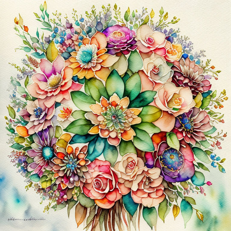 Colorful Watercolor Painting of Circular Flower Bouquet