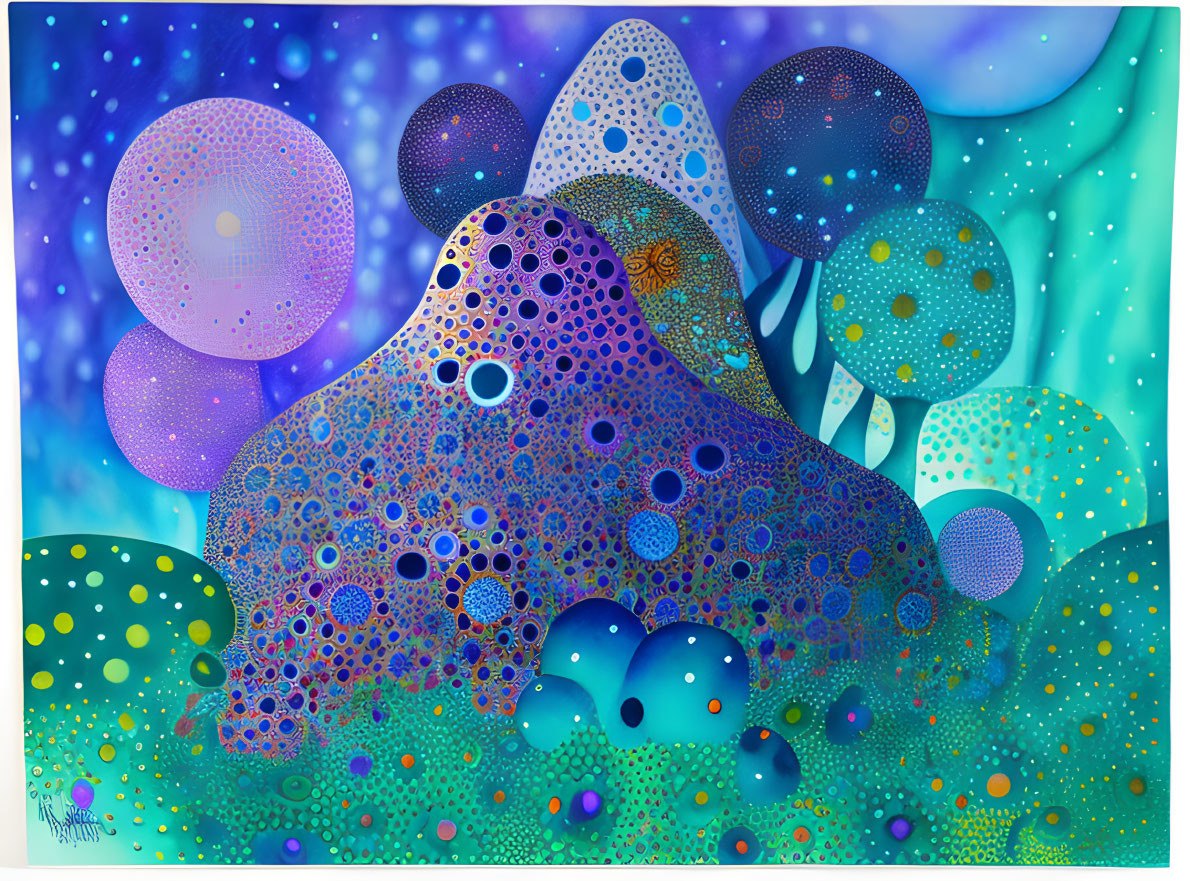 Colorful abstract painting with dotted textures in blue and green hues, showcasing circular patterns resembling an underwater scene