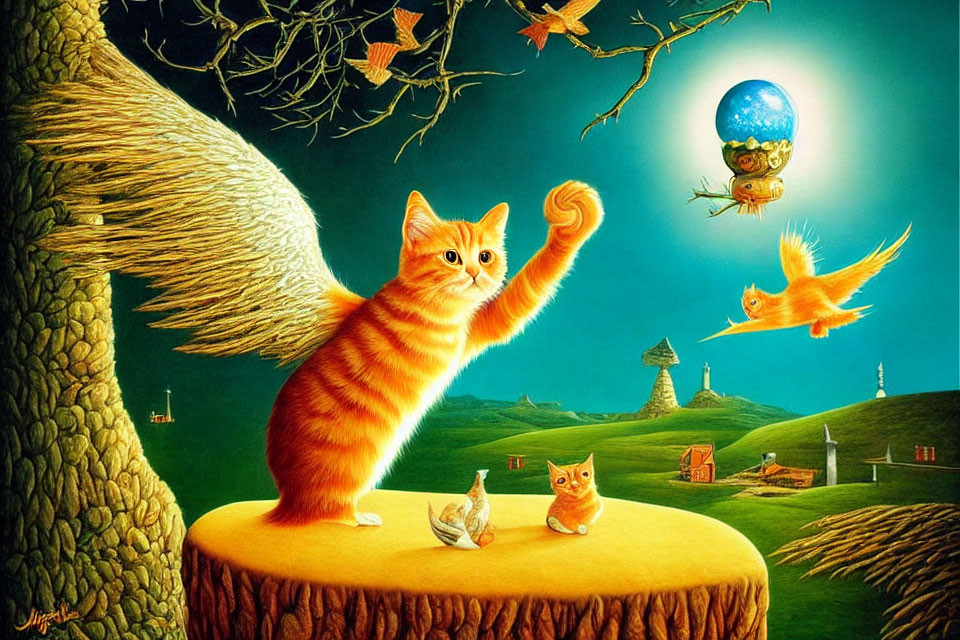 Orange Cat Observing Surreal Landscape with Bird-Fish Flying by Full Moon