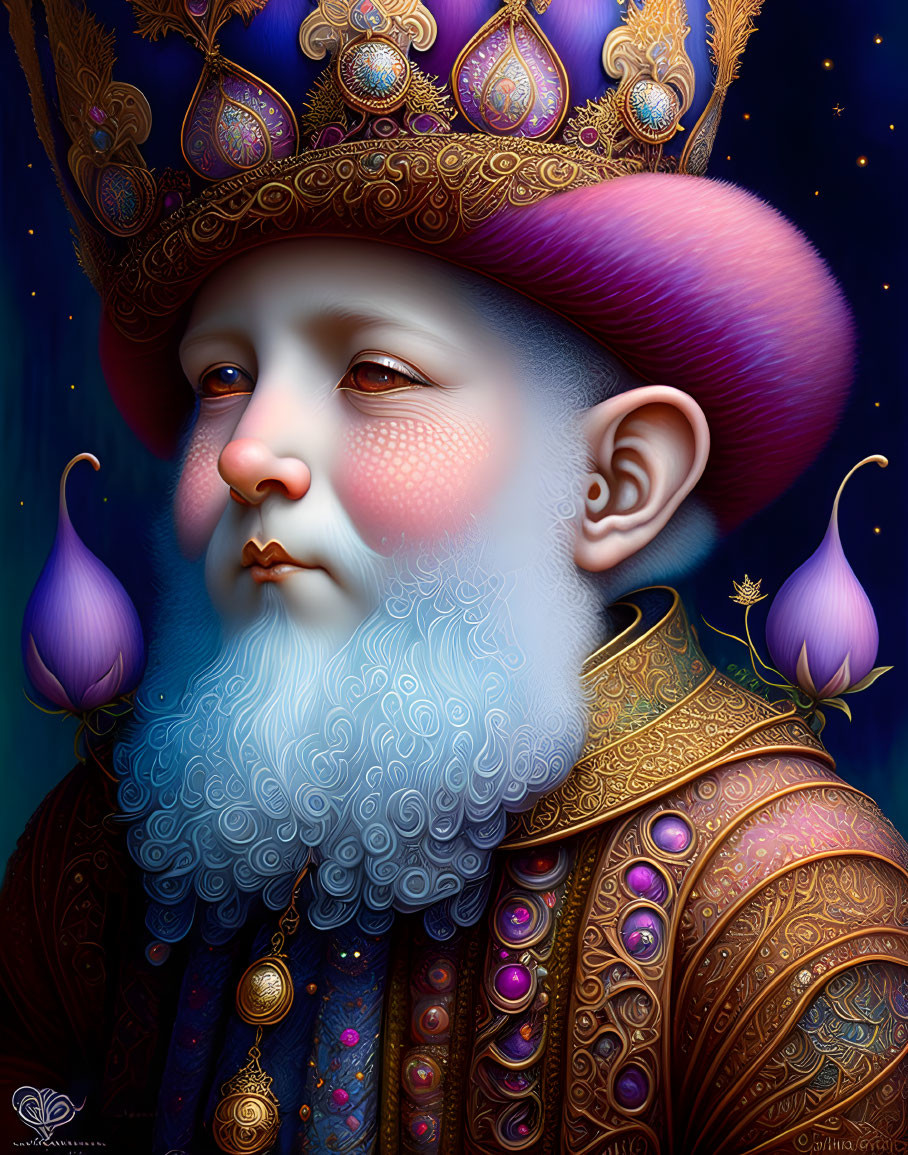 Fantasy king portrait with purple and gold crown and serene expression against starry night sky.