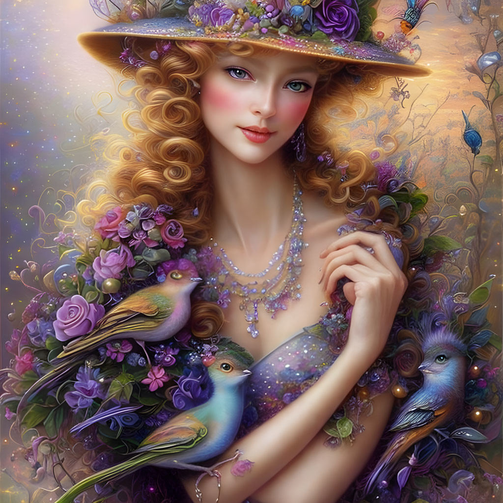 Fantasy Digital Artwork: Woman with Blonde Curly Hair in Floral Hat surrounded by Flowers, Pear