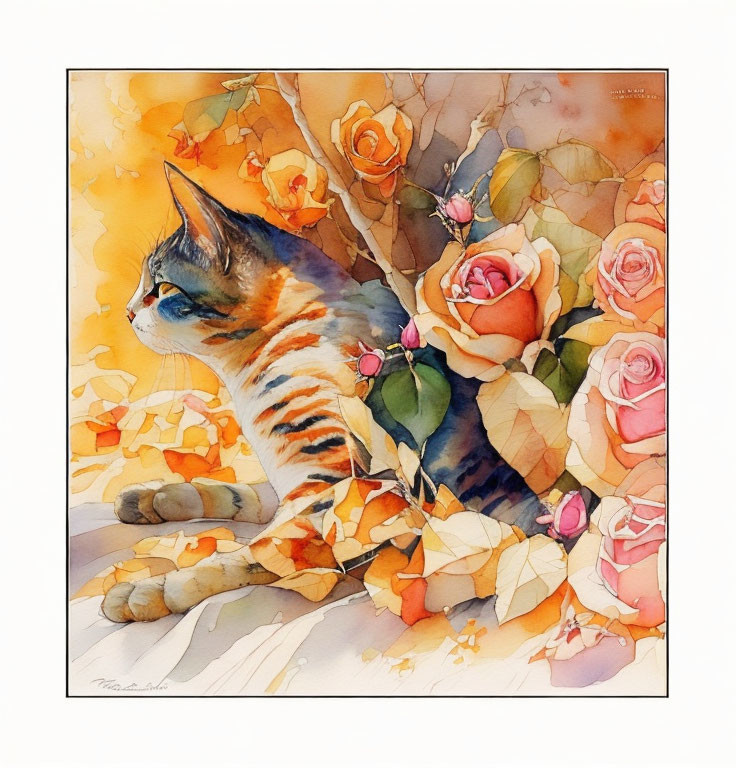 Striped cat and roses watercolor painting with warm background