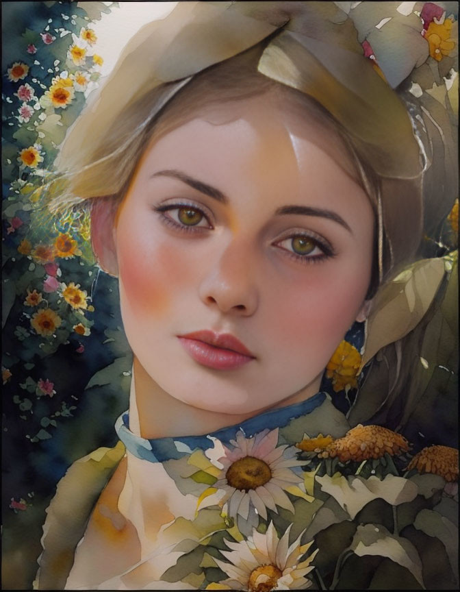 Young Woman Portrait with Rosy Cheeks and Hazel Eyes in Vintage-style Outfit Amid Colorful Flowers