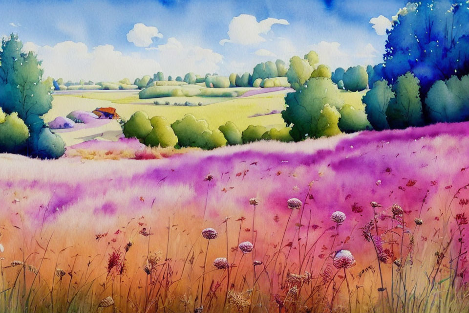 Lavender Field Watercolor Landscape with Green Hills