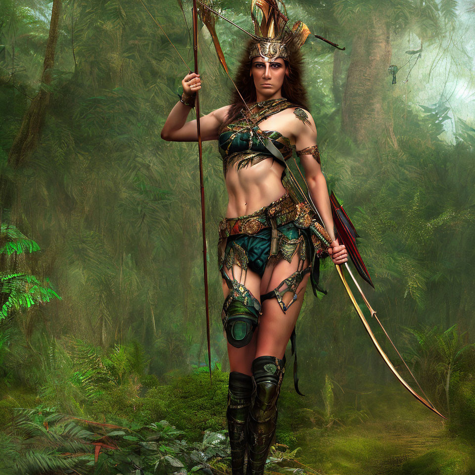 Warrior woman in green and brown armor with bow and arrow in forest