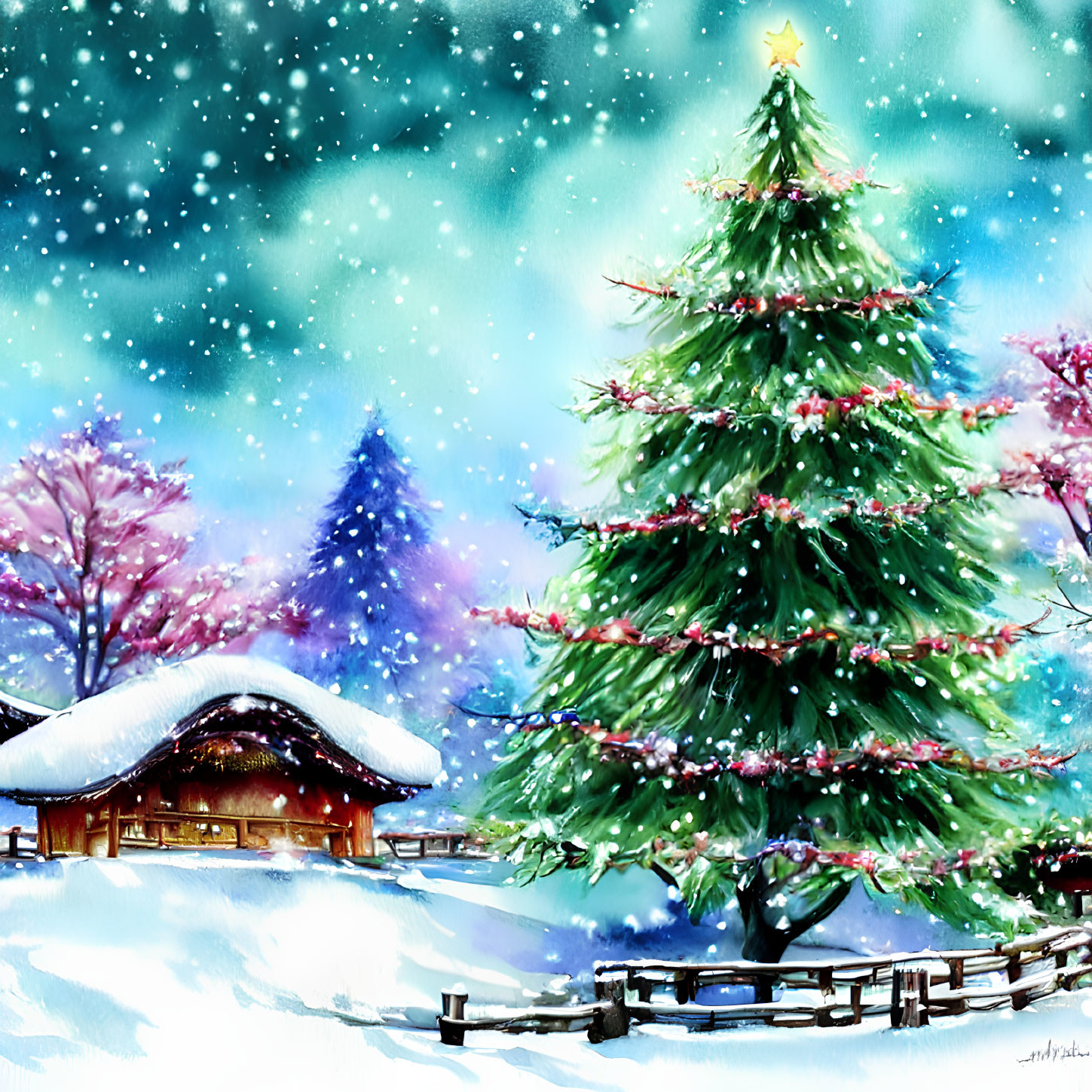 Winter scene with Christmas tree, snow-covered cabin, pink trees, falling snow.