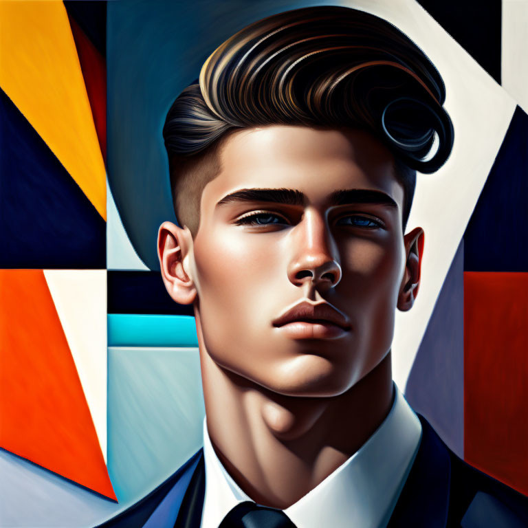 Man with Modern Pompadour Haircut in Suit on Geometric Background