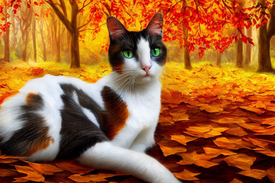 Black and white cat surrounded by autumn leaves in colorful forest