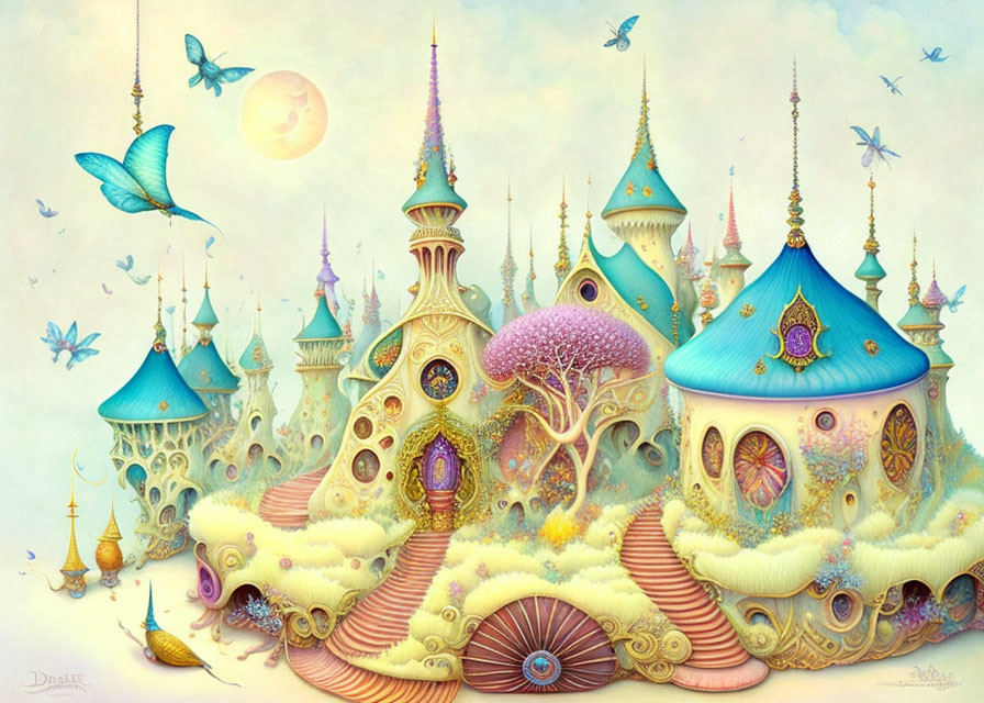 Vibrant fantasy landscape with castles, trees, and butterflies