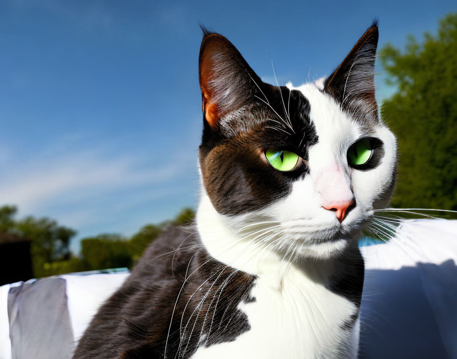 Black and White Cat with Green Eyes Sunbathing Against Blue Sky