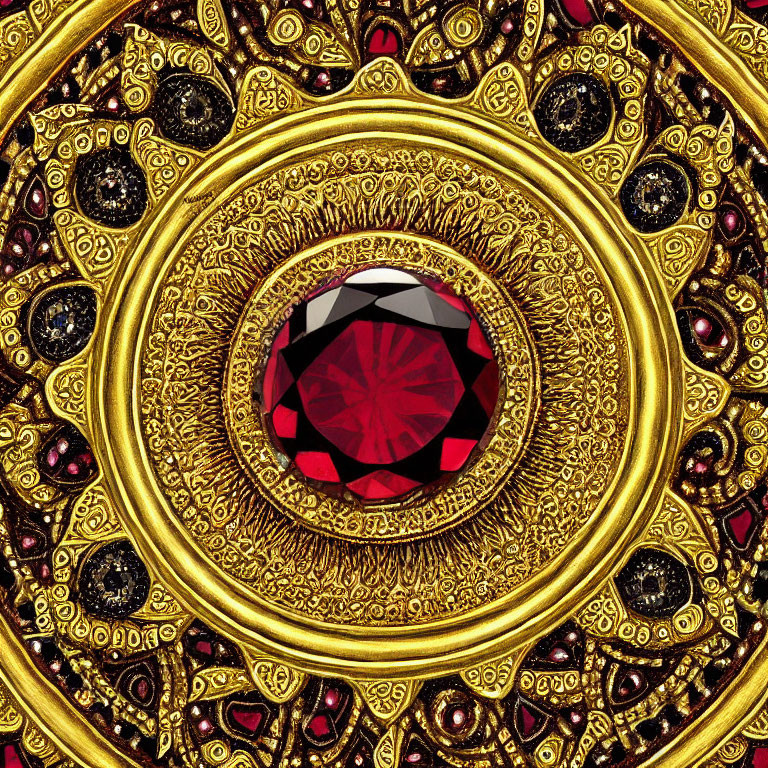 Intricate Golden Mandala Design with Large Ruby